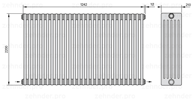 Схема (чертеж) Радиатор Zehnder Charleston 6220/27 №2670 Белый глянцевый RAL 9016
